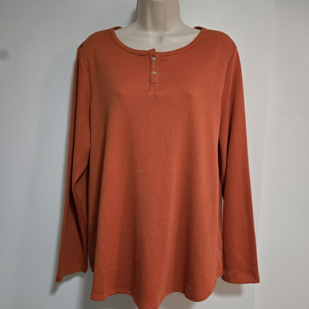 Quacker Factory Size L Orange Waffle Knit Sparkle & Shine Long Sleeve Top